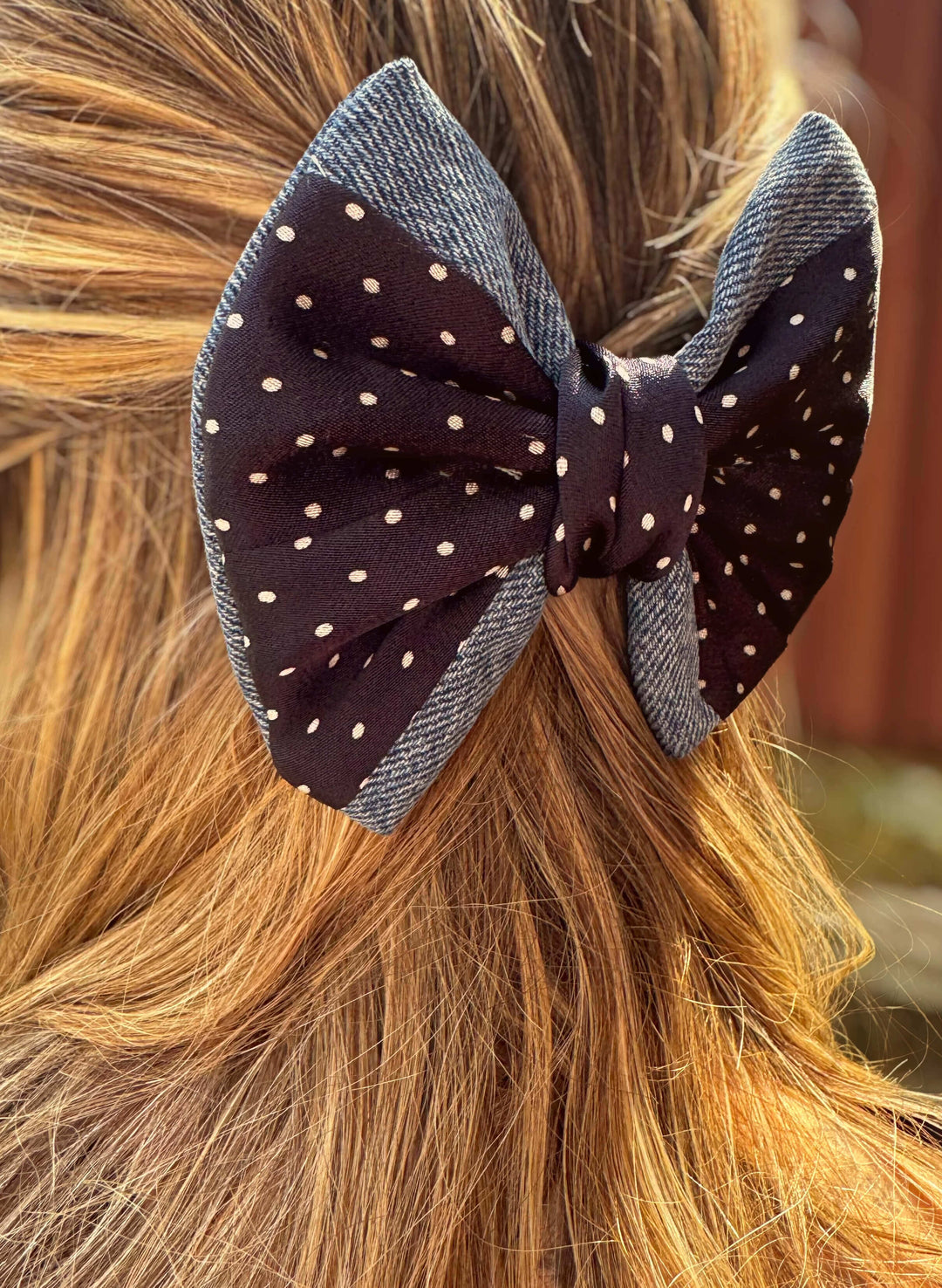 fiocco denim e tessuto blu a pois 